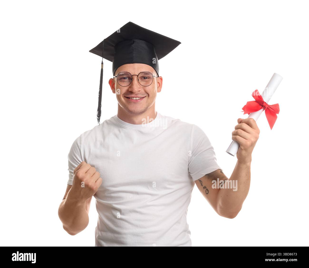 Happy student with diploma after graduation on white background Stock ...