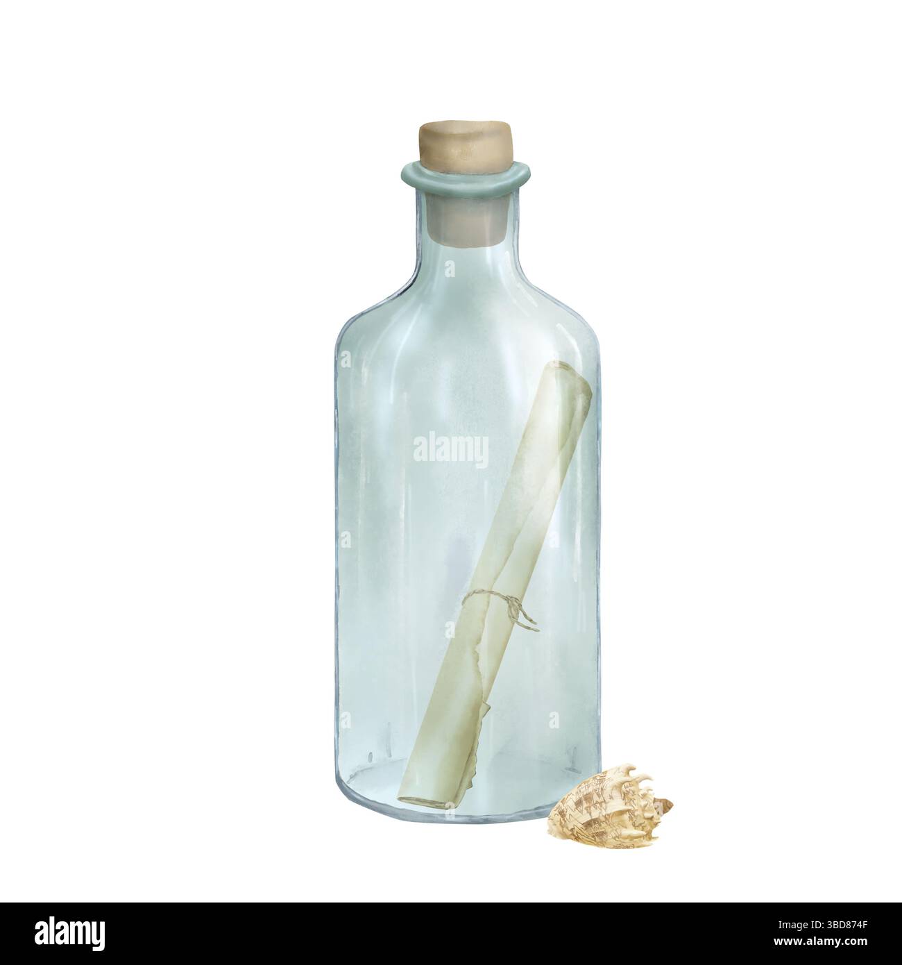 An old glass bottle with stopper, with a scroll inside, a watercolor illustration. A sea bottle with a note and a shell, isolated on a white backgroun Stock Photo