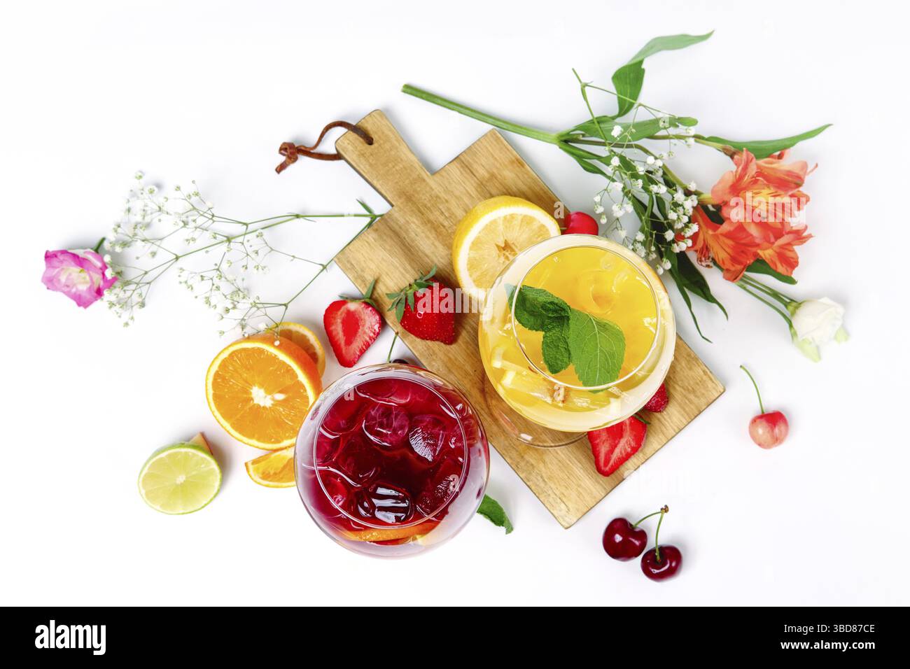 Two wine glasses with summer fruit and berry cocktails. Top view Stock Photo