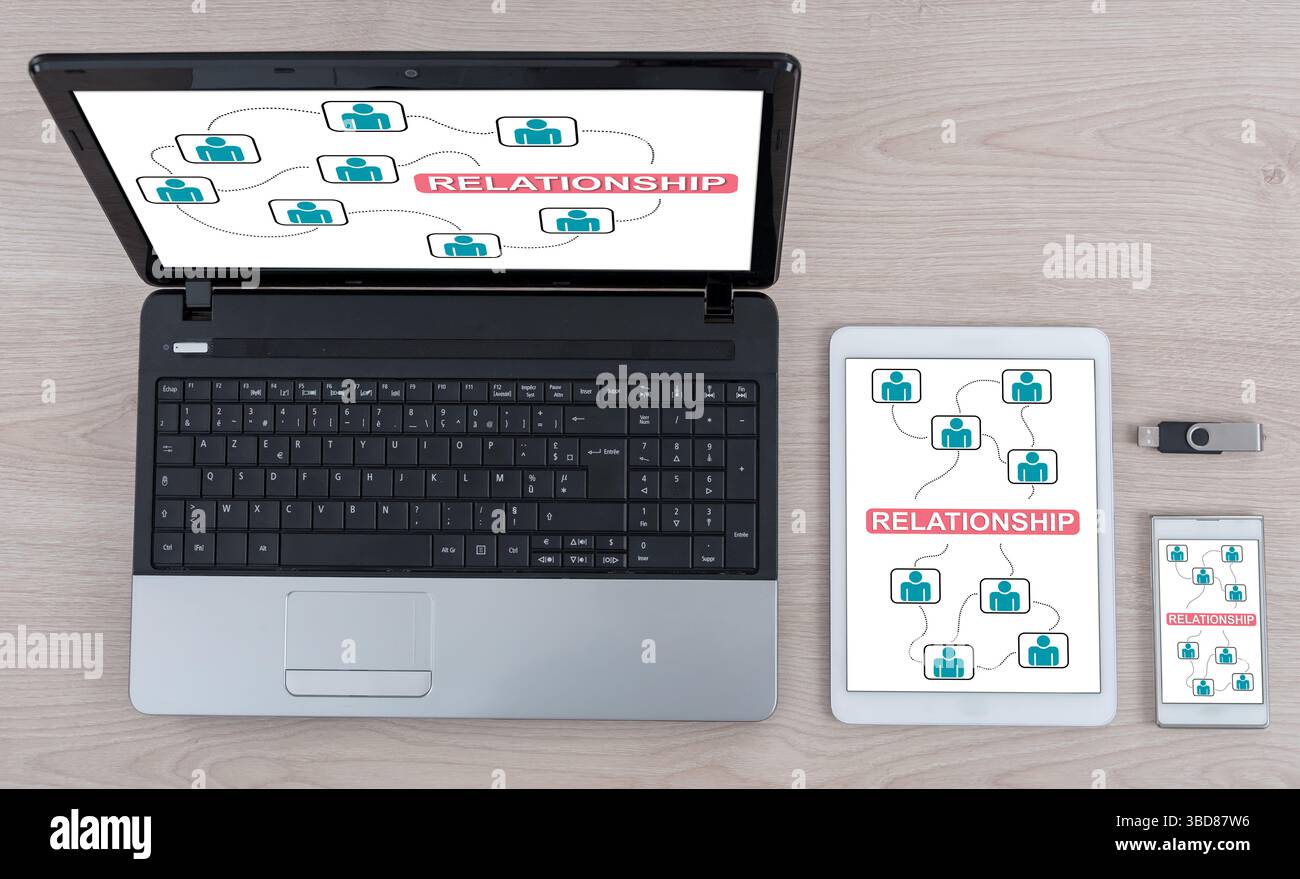 Relationship concept shown on different information technology devices Stock Photo