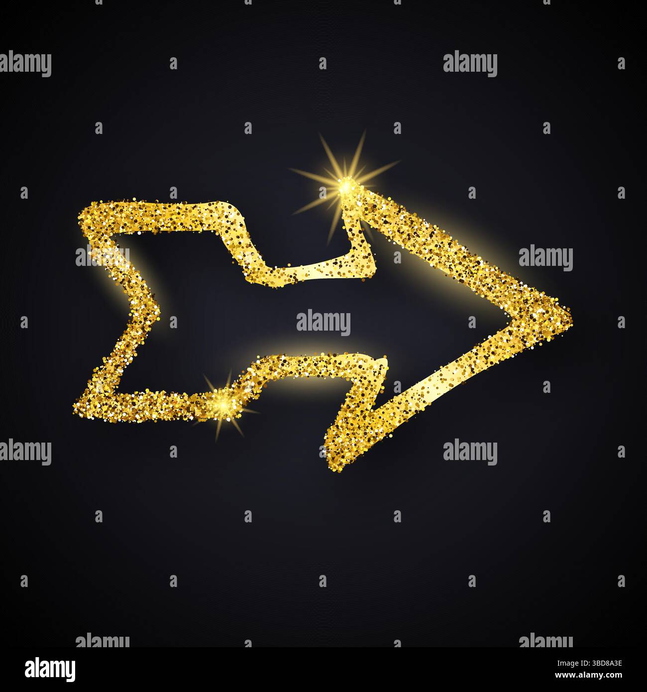 Gold glitter hand drawn arrow. Doodle arrow with gold glitter effect on dark background. Vector illustration Stock Vector
