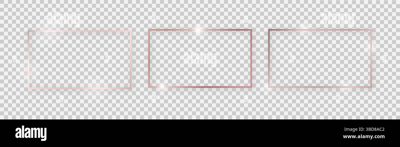 Rectangular shiny frames with glowing effects. Set of three rose gold rectangular frames with shadows on transparent background. Vector illustration Stock Vector