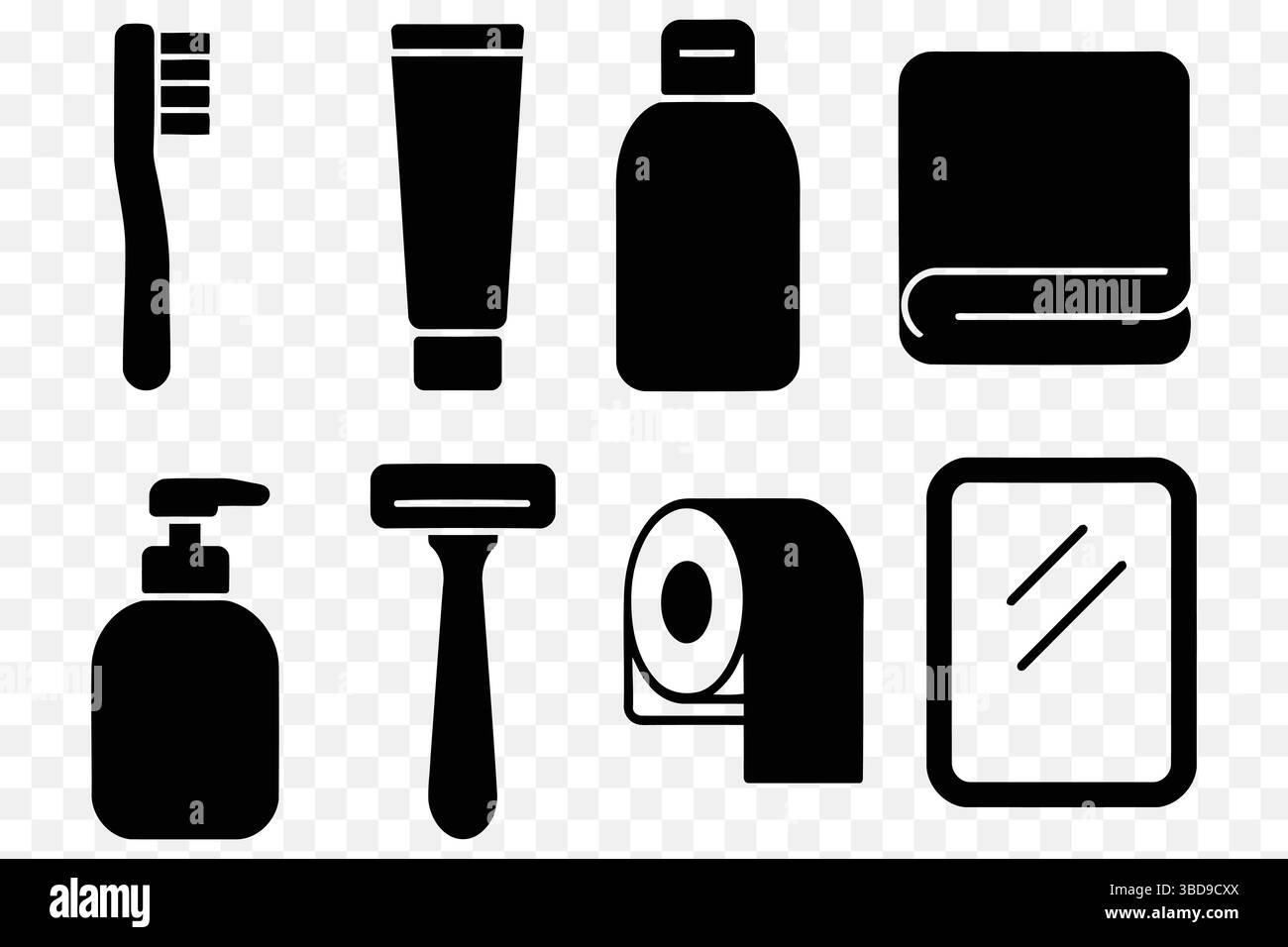 Bathroom Essentials Icon Set – Solid Black Hygiene and Grooming Vector Pack Stock Vector