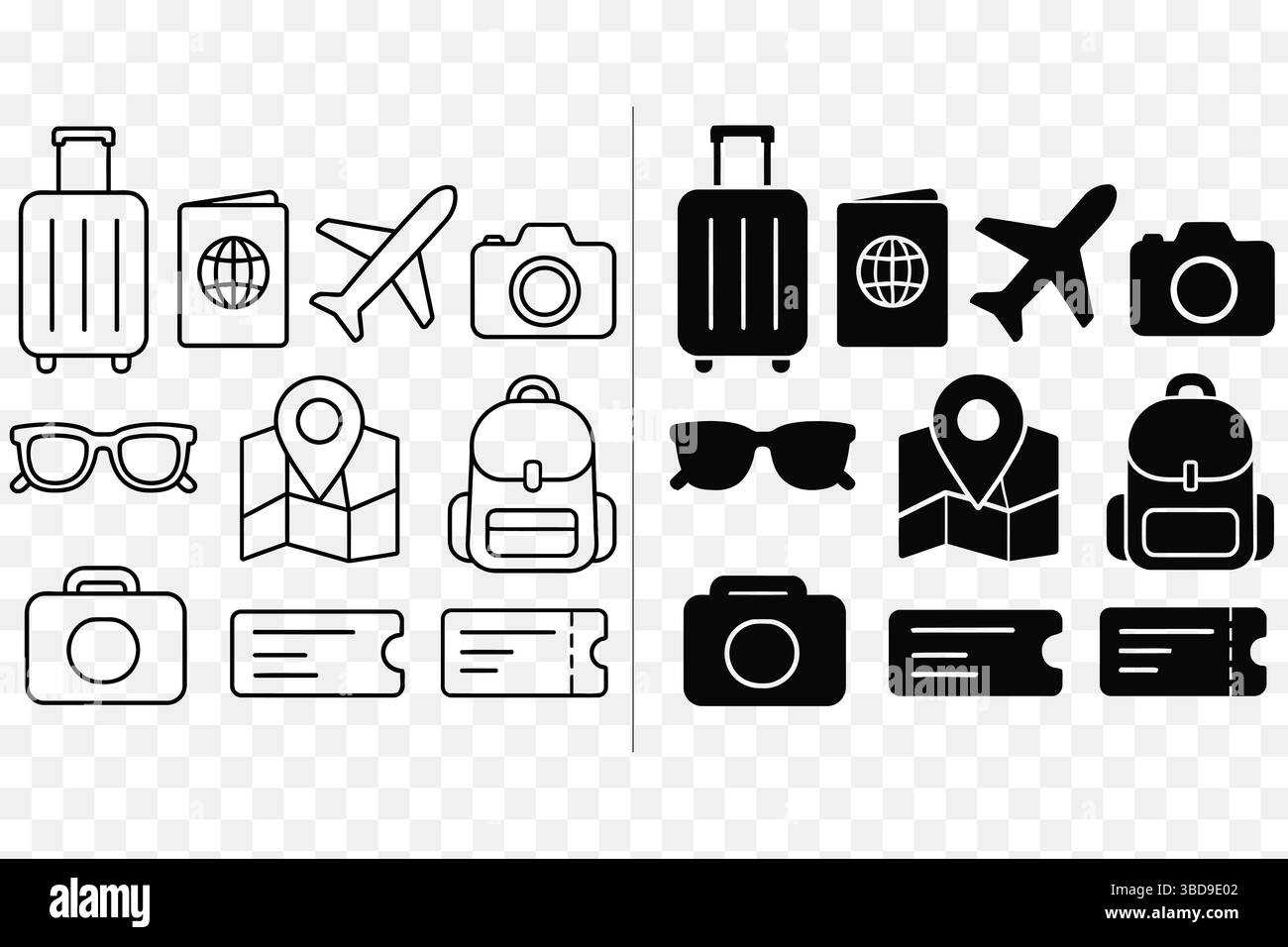Travel Icon Vector Set – Minimalist Outline & Solid Style Tourism Illustrations Stock Vector