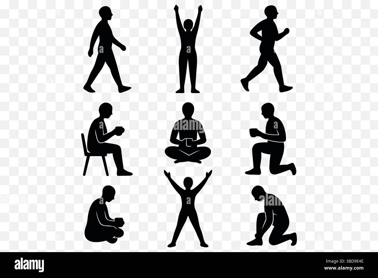 Mindful Movement & Morning Routine Silhouettes – Walking, Meditating, Coffee Time, Stretching Vector Set Stock Vector