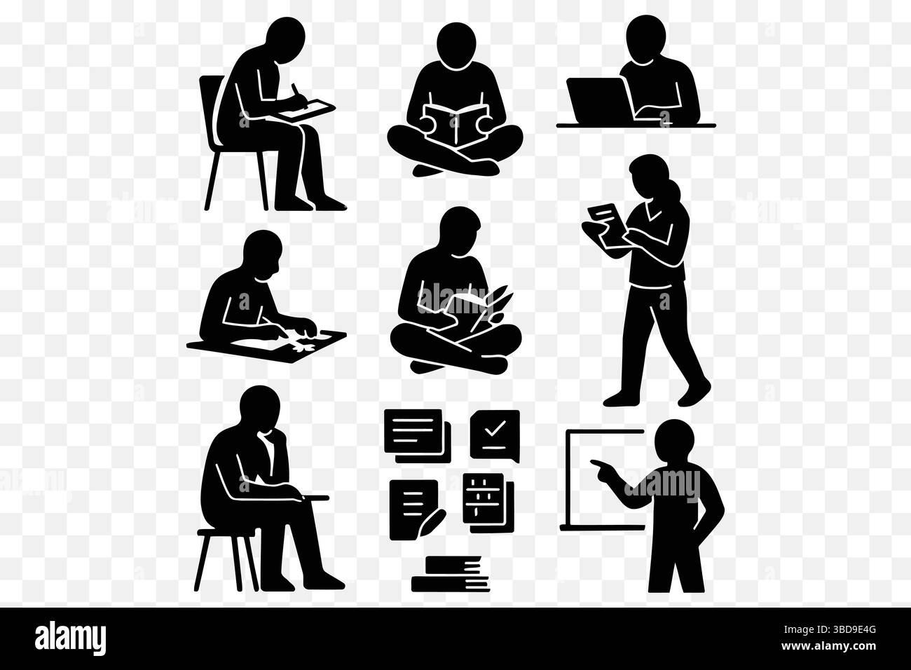 Study & Learning Silhouettes Vector Set – Students Reading, Writing ...