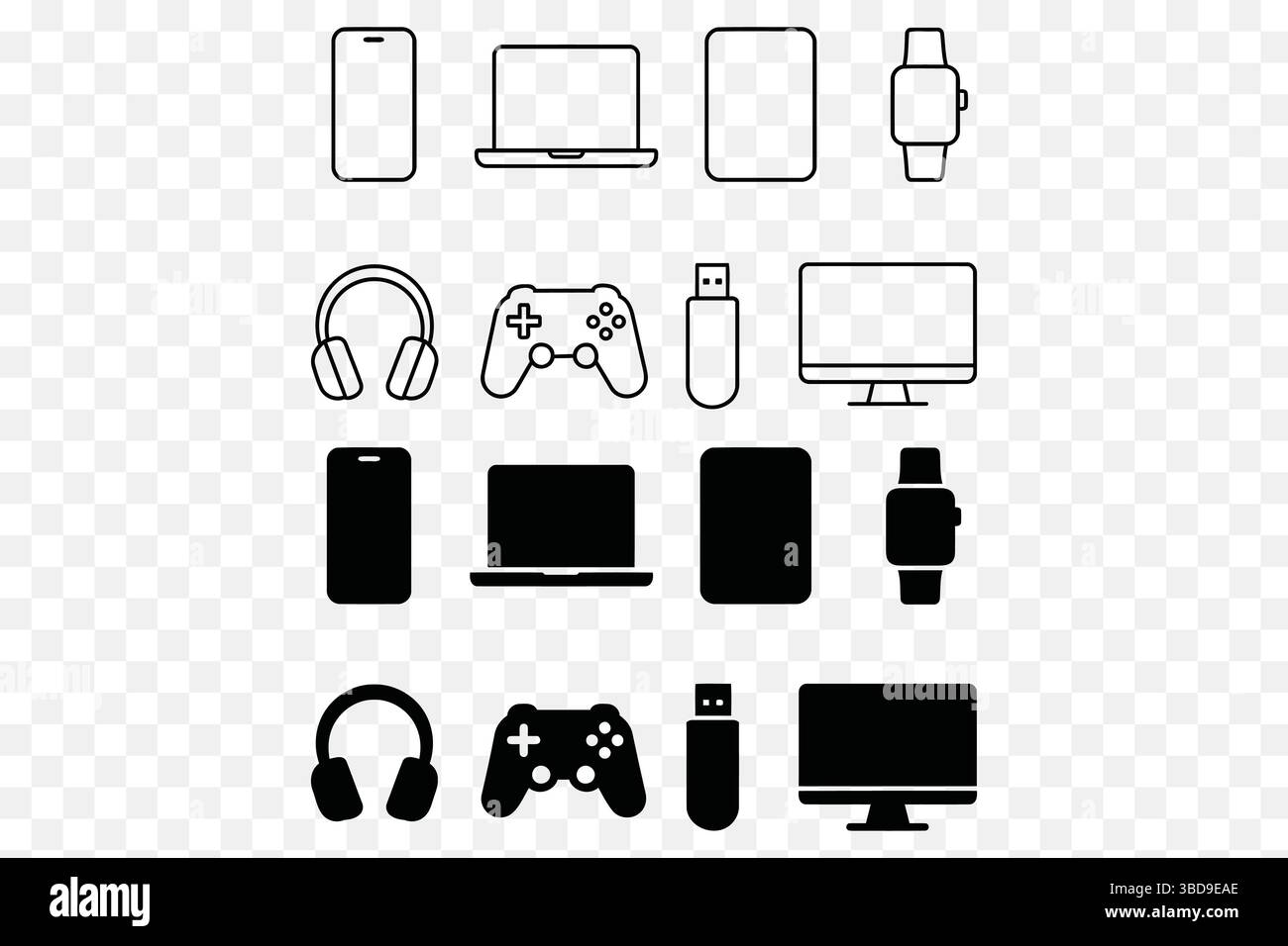 Tech Device Icons – Minimalist Line & Solid Vector Set for Gadgets and Electronics Stock Vector