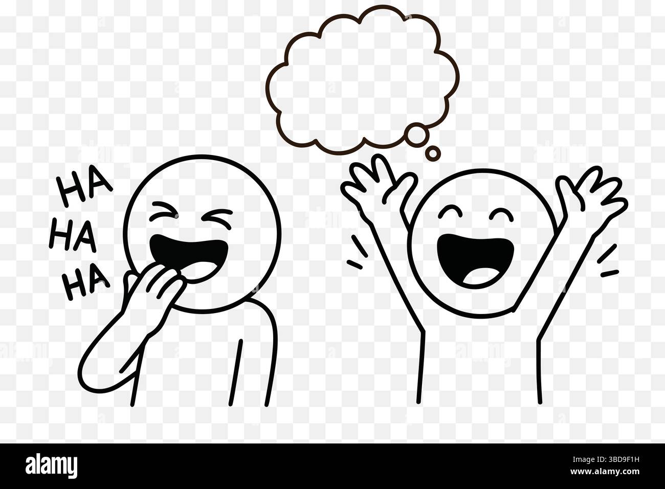 Joyful Cartoon Doodle Characters – Laughing and Cheering Comic Illustration with Thought Bubble Stock Vector