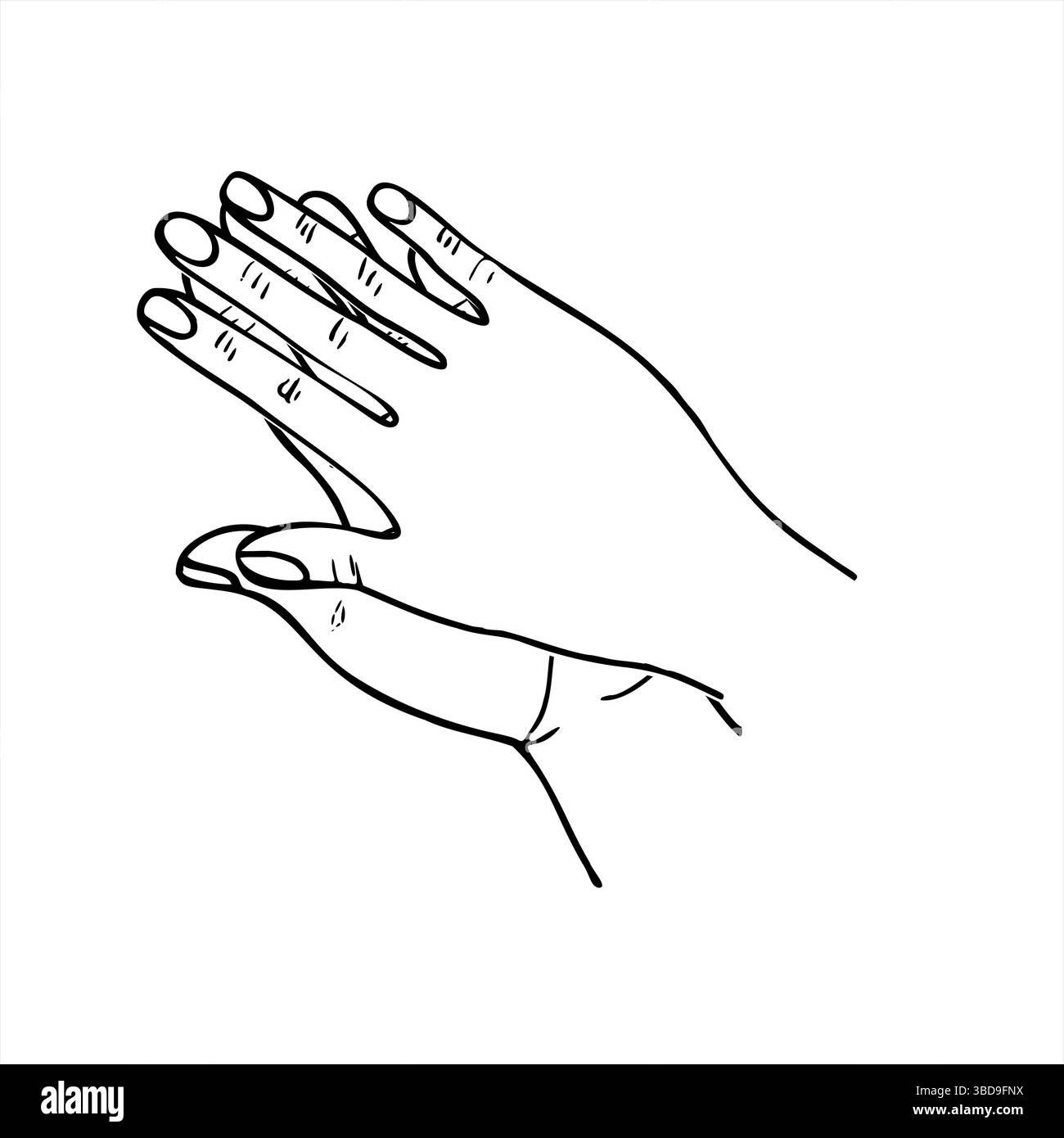 Two hands pressed together in unifying gesture monochrome vector illustration painted by black inks. Top view. Support of loved one. For themes Stock Vector