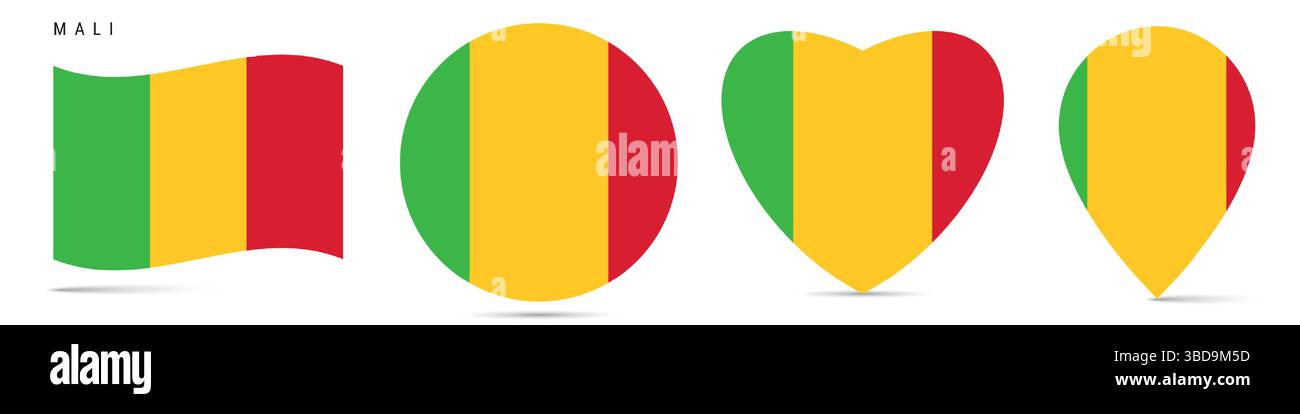 Mali waving flag, circle badge, heart shaped, map pin. Flat vector illustration isolated Stock Vector