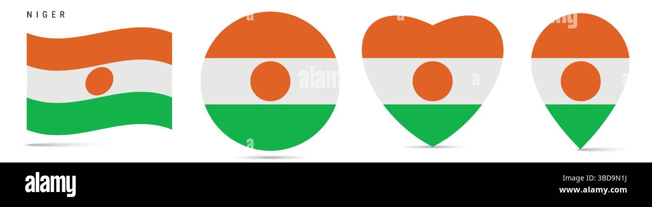 Niger waving flag, circle badge, heart shaped, map pin. Flat vector illustration isolated Stock Vector