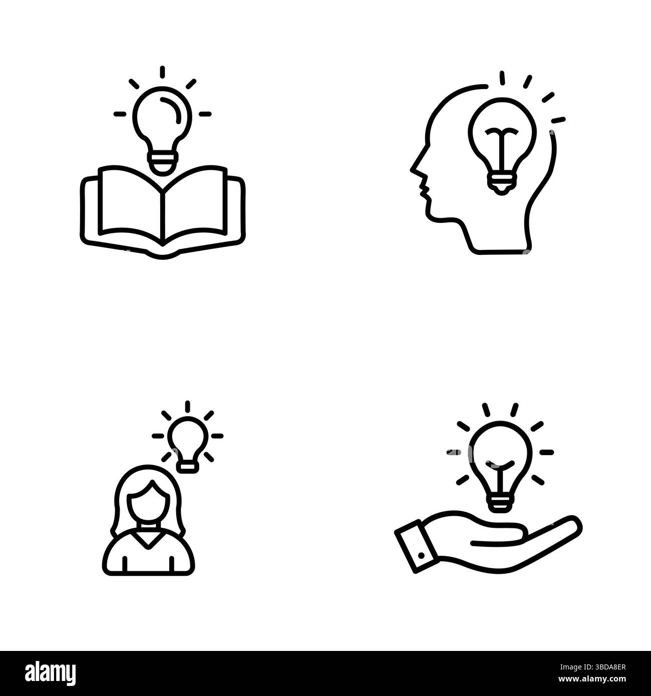 Creative learning outline icon set. Open book, human head, lightbulb and idea icons for education. Stock Vector