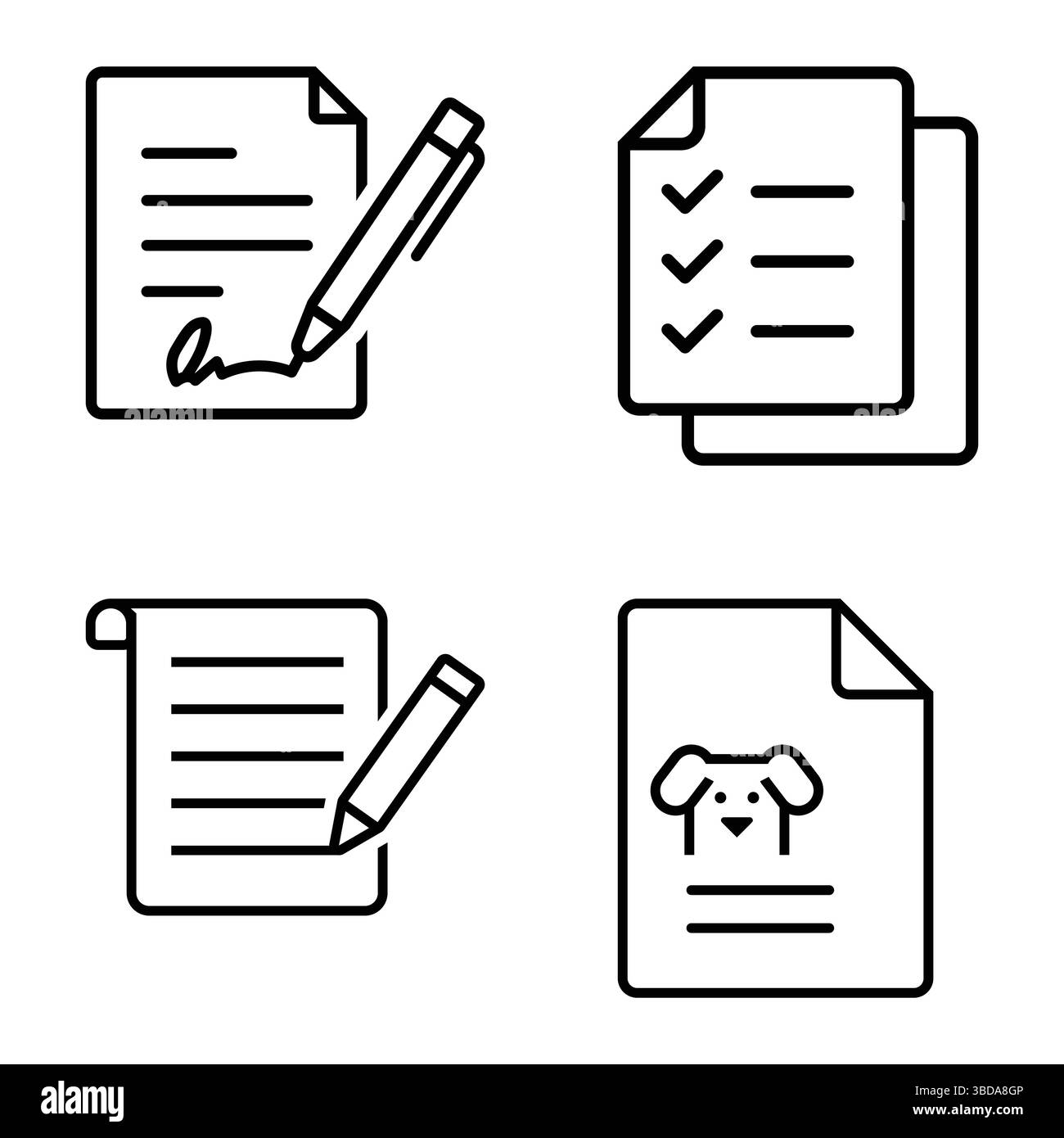 Document management outline icon set. Signed file, checklist, contract and report icons for office workflow. Stock Vector