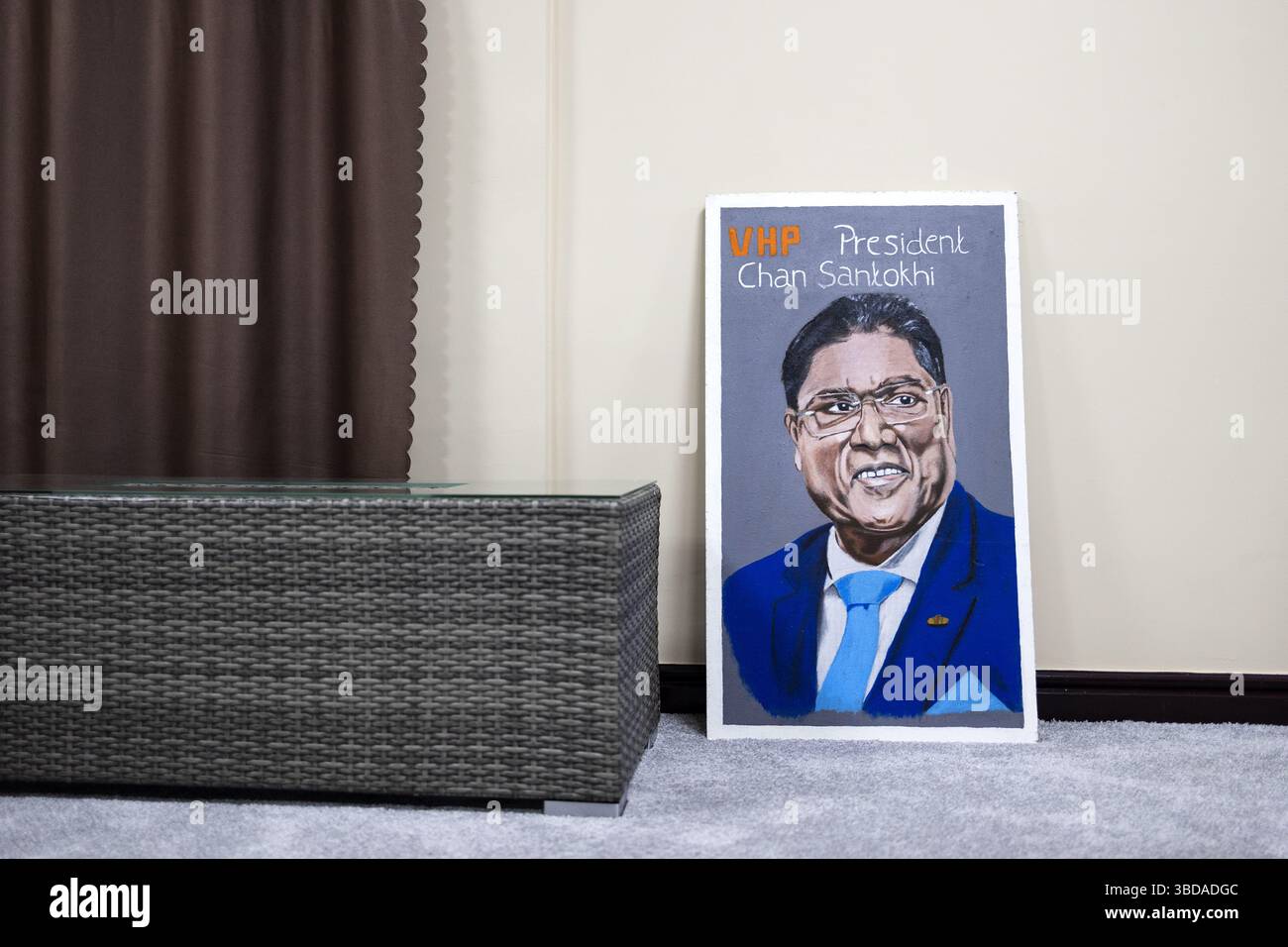 PARAMARIBO - A painting of VHP list leader Chan Santokhi in his office ...