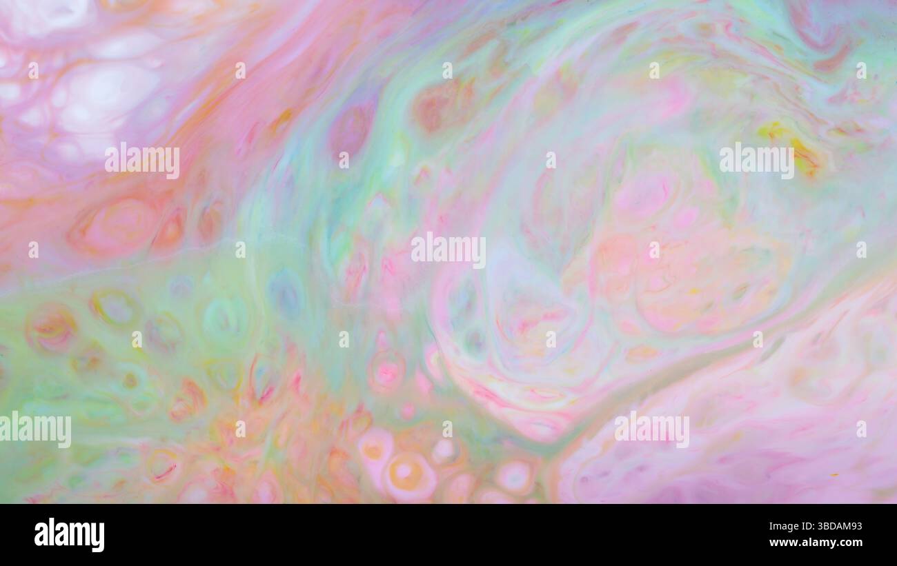 Pastel Fluid Marble Texture with Pink Green Orange Swirls, Abstract Liquid Background Stock Photo