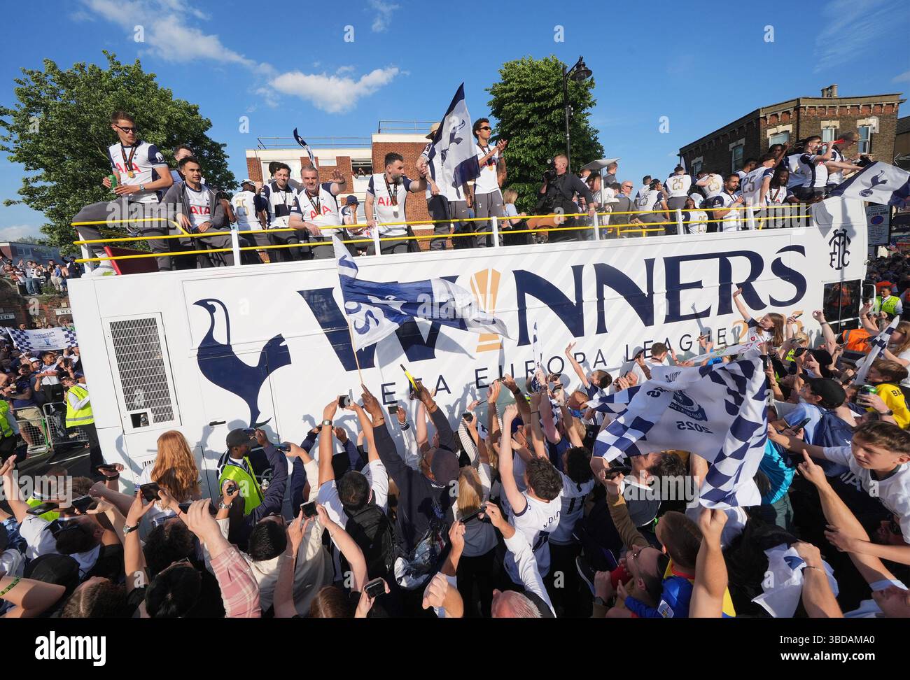 Tottenham Hotspur players on the open-top team bus during the Europa ...