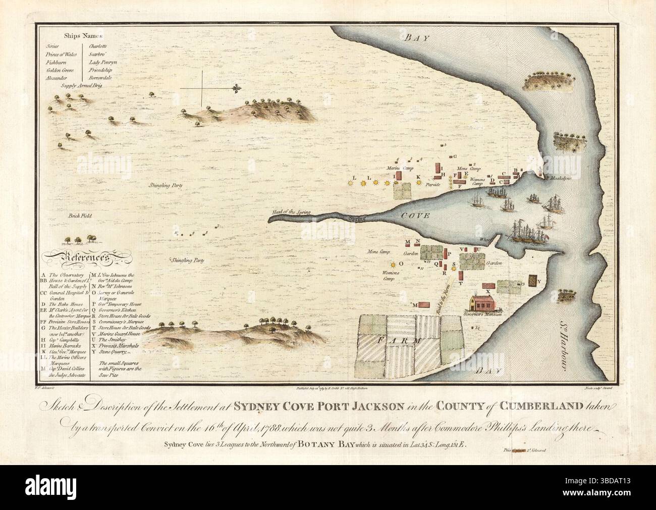 Vintage Australian Map. Sketch & description of the settlement at Sydney Cove Port Jackson in the County of Cumberland taken by a transported convict on the 16th of April, 1788, which was not quite 3 months after Commodore Phillips's landing there / from a drawing made by Francis Fowkes Stock Photo