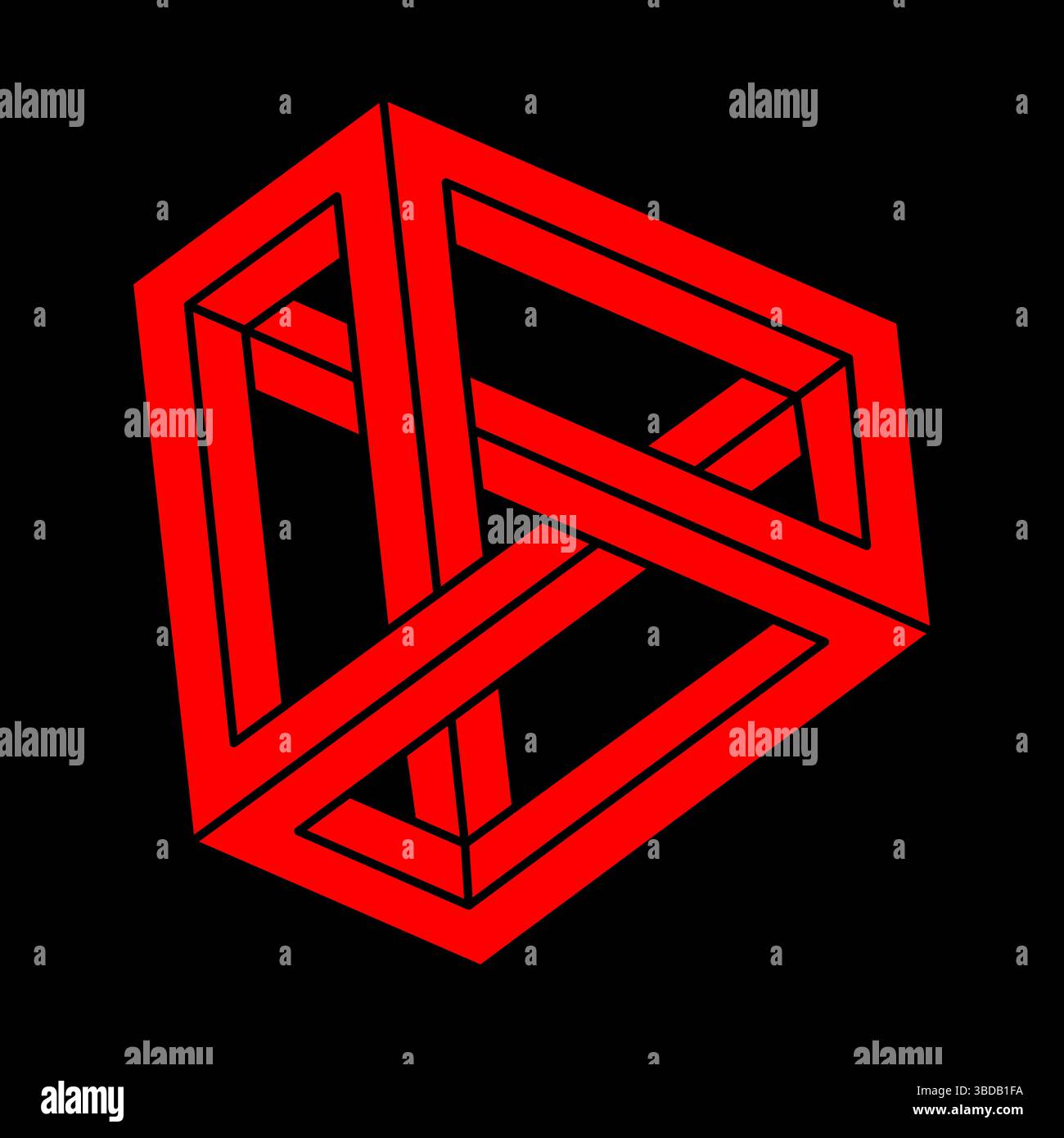 Impossible shapes. Optical illusion. Abstract eternal geometric objects. Impossible endless outline modern logo. Impossible geometry symbol on a black Stock Vector