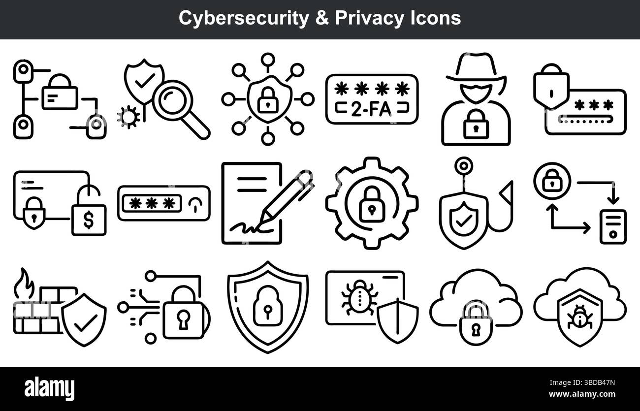 Cybersecurity and privacy icons set line art design Stock Vector