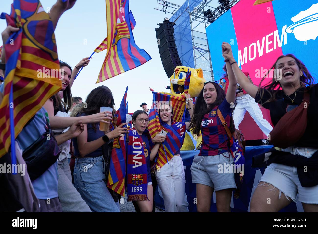 Barcelona fans party at Lisbon's riverside Comercio square, on the eve ...