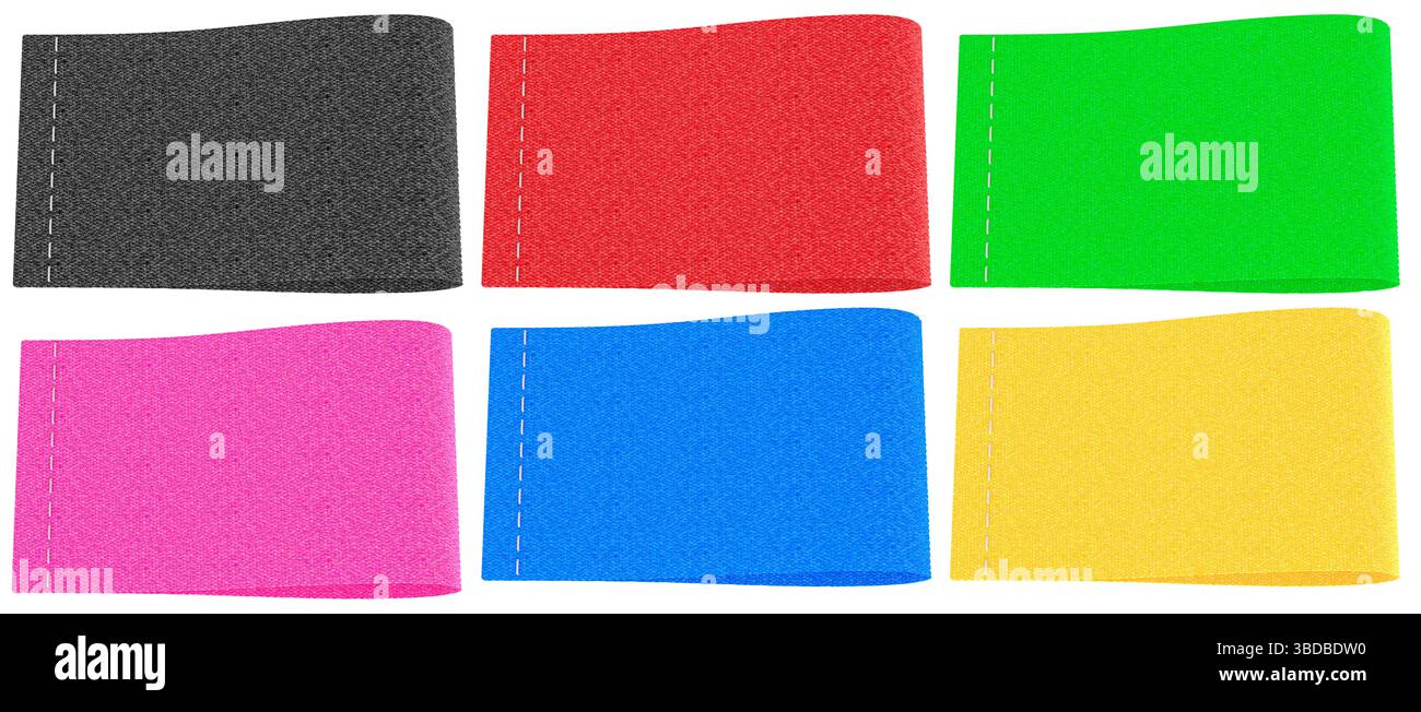 Blank Colored Clothing Labels with Stitch Line. 3D rendering isolated on white background Stock Photo