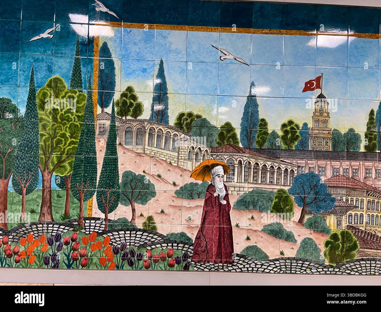 Traditional Ottoman-style ceramic wall art with floral and architectural patterns, showcasing Istanbul's cultural heritage. Stock Photo