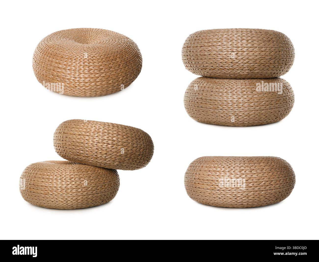 Straw poufs isolated on white, collage. Interior element Stock Photo