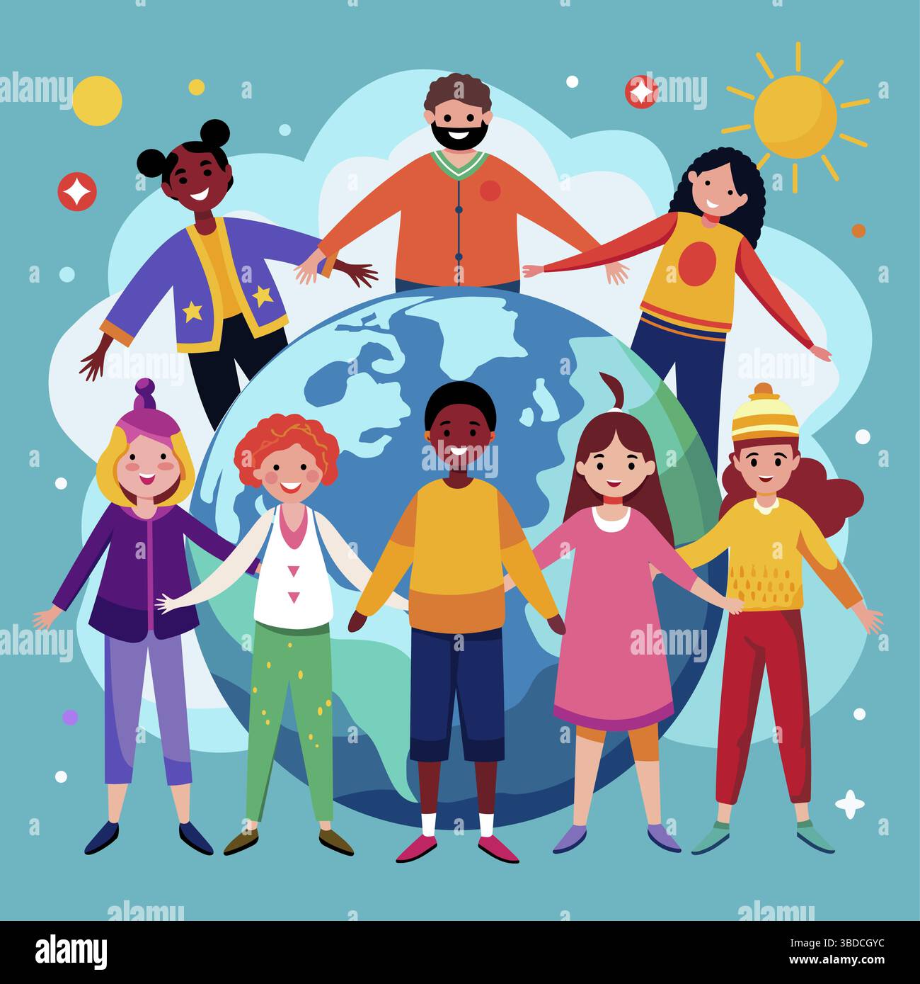 Diverse People Holding Hands Around the World Cartoon Stock Vector