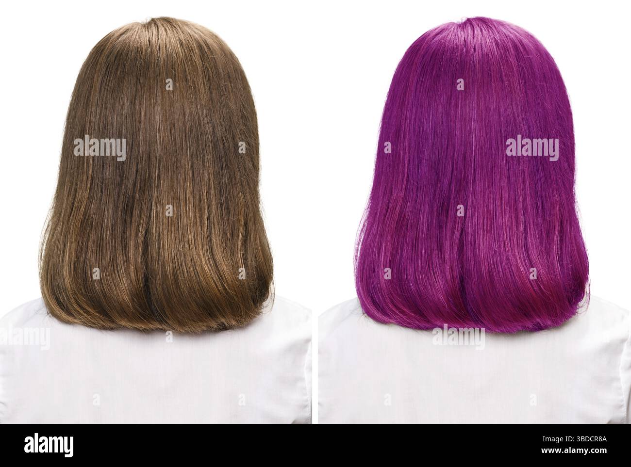 Comparative portrait of woman before and after dyeing hairs isolated on white Stock Photo