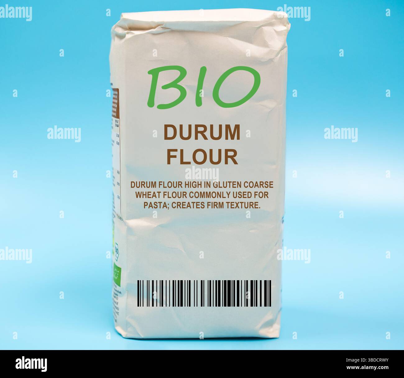 Durum flour. High in gluten Coarse wheat flour Commonly used for pasta; creates firm texture. Stock Photo