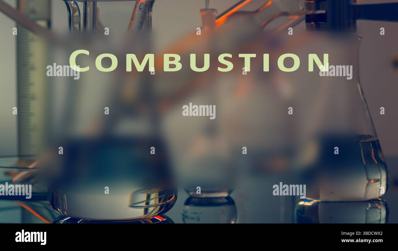Combustion. A rapid reaction of a substance with oxygen, producing heat and light, typically forming CO2 and H2O. Stock Photo