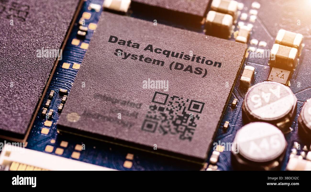 Data acquisition system (DAS). Microchip for collecting and converting analogue signals into digital data. Stock Photo