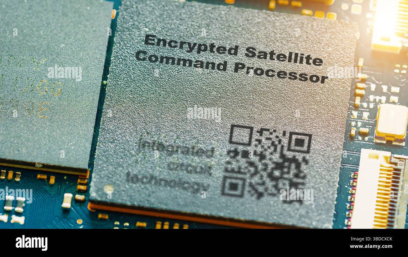 Encrypted satellite command processor. Ensures secure control of military satellite assets. Stock Photo