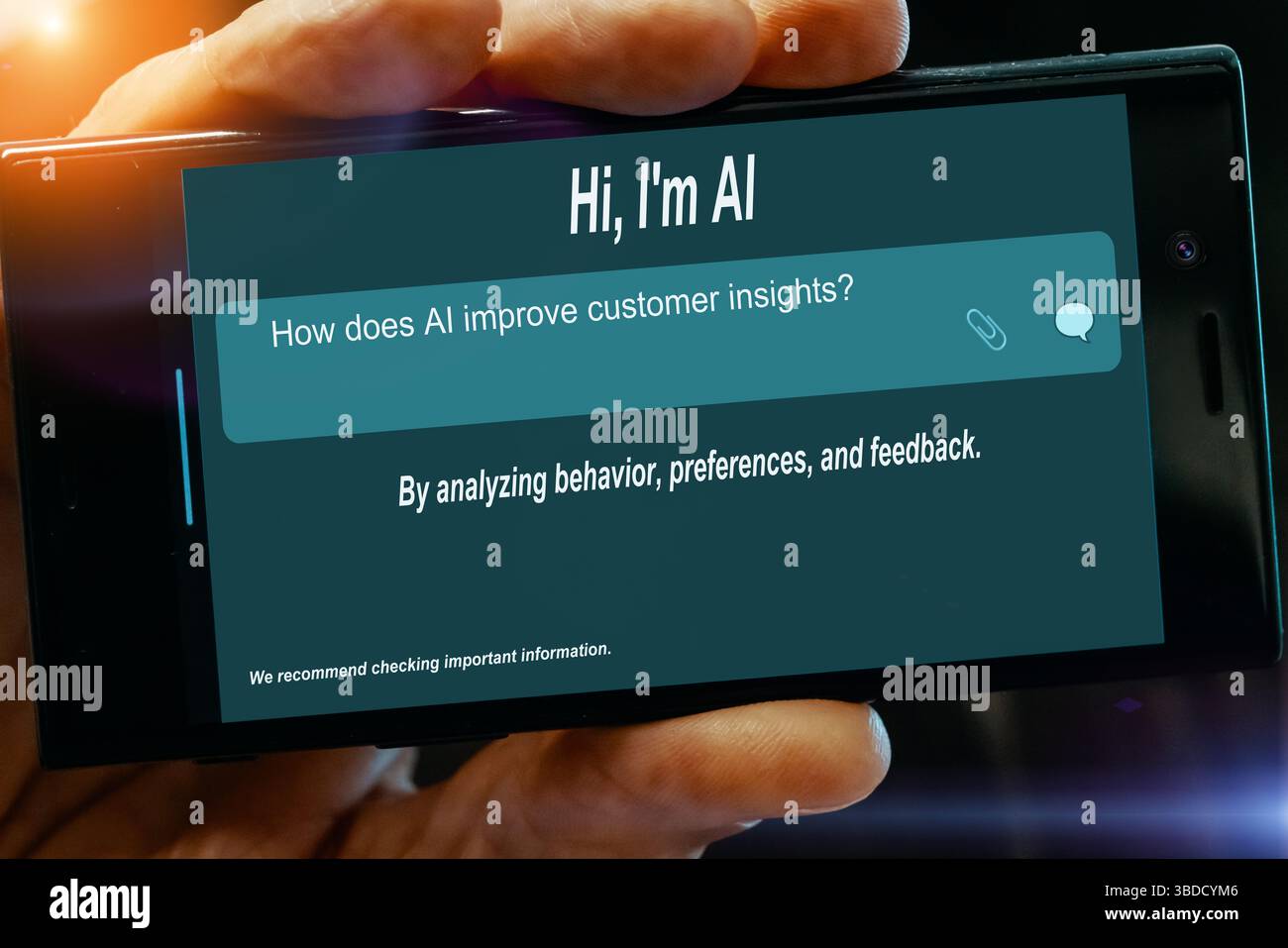 Question for AI on tablet screen. How does AI improve customer insights? Stock Photo