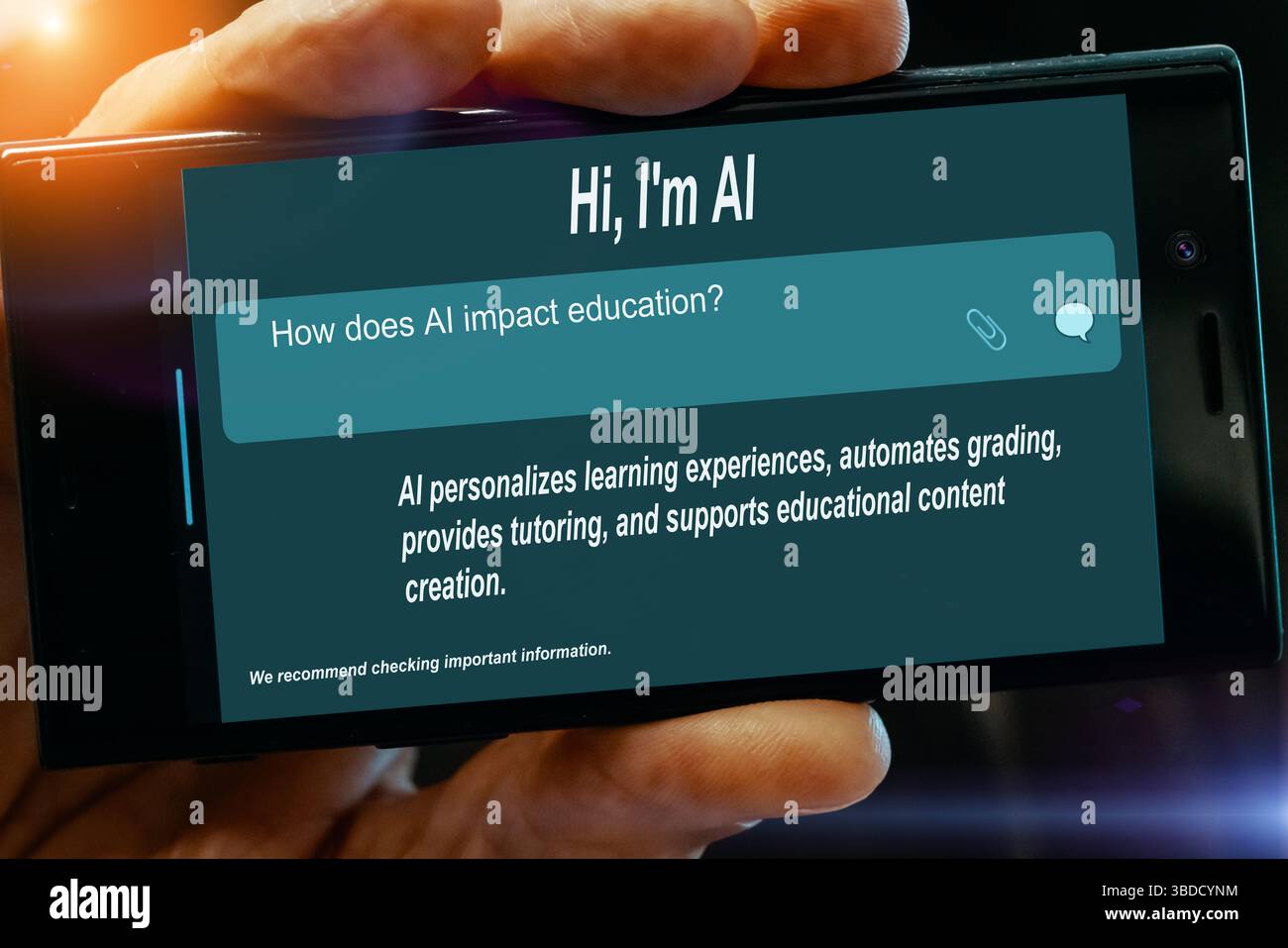 Question for AI on tablet screen. How does AI impact education? Stock Photo