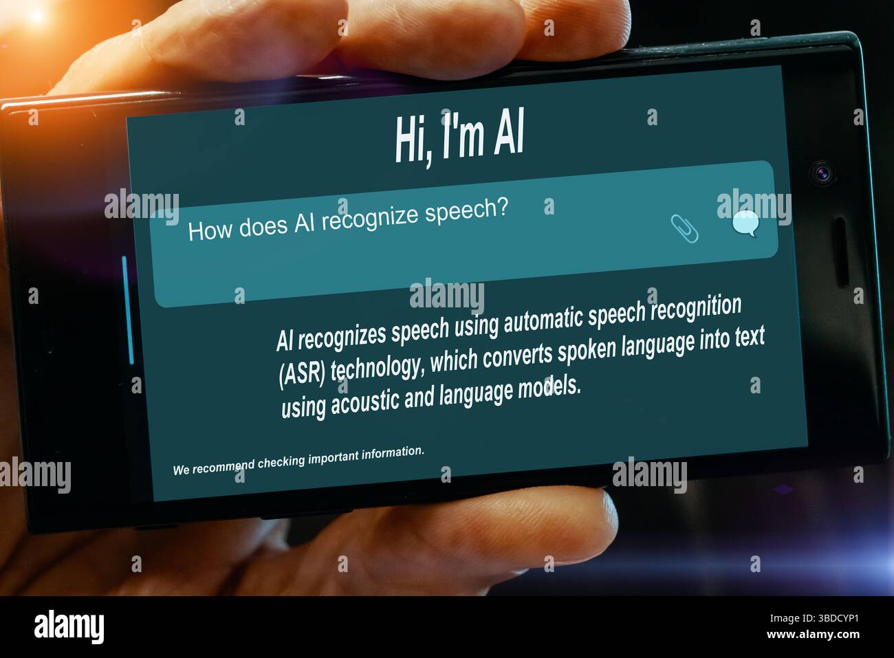 Question for AI on tablet screen. How does AI recognise speech? Stock Photo