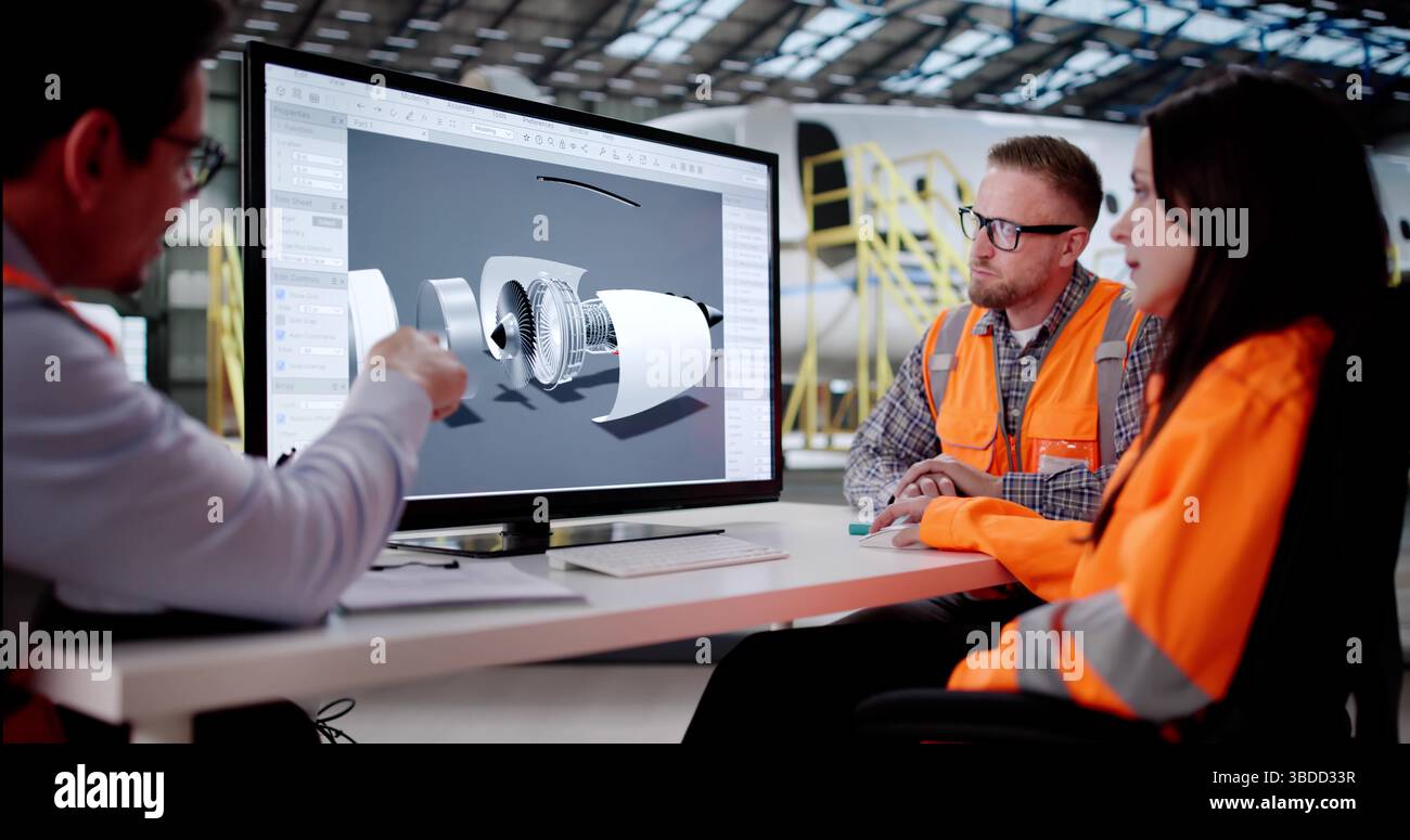 Skilled Hispanic Engineer And Team Develop Jet Plane Maintenance Software. Stock Photo