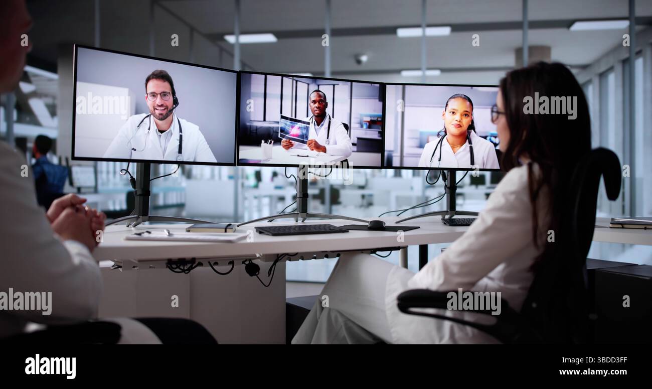 Virtual Medical Team Meeting: Doctors And Nurses Using Telehealth Stock Photo