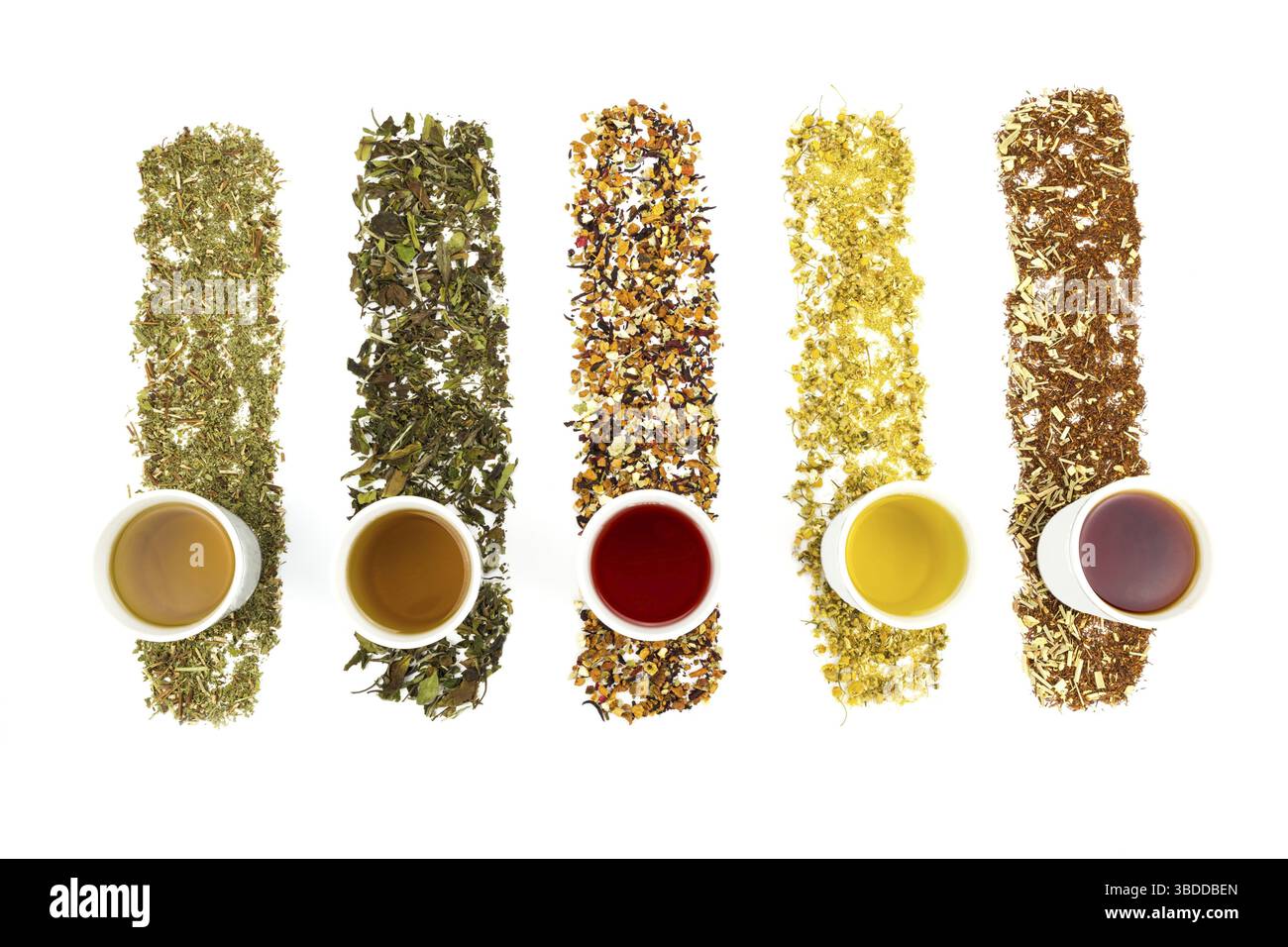 Tea cups with various colorful teas isolated on white background Stock Photo