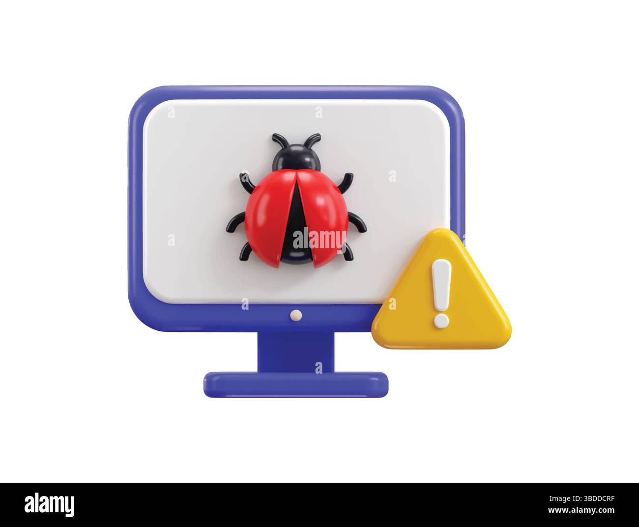 Computer bug with warning symbol icon 3d render concept of computer antivirus malware, computer security alert icon vector illustration Stock Vector