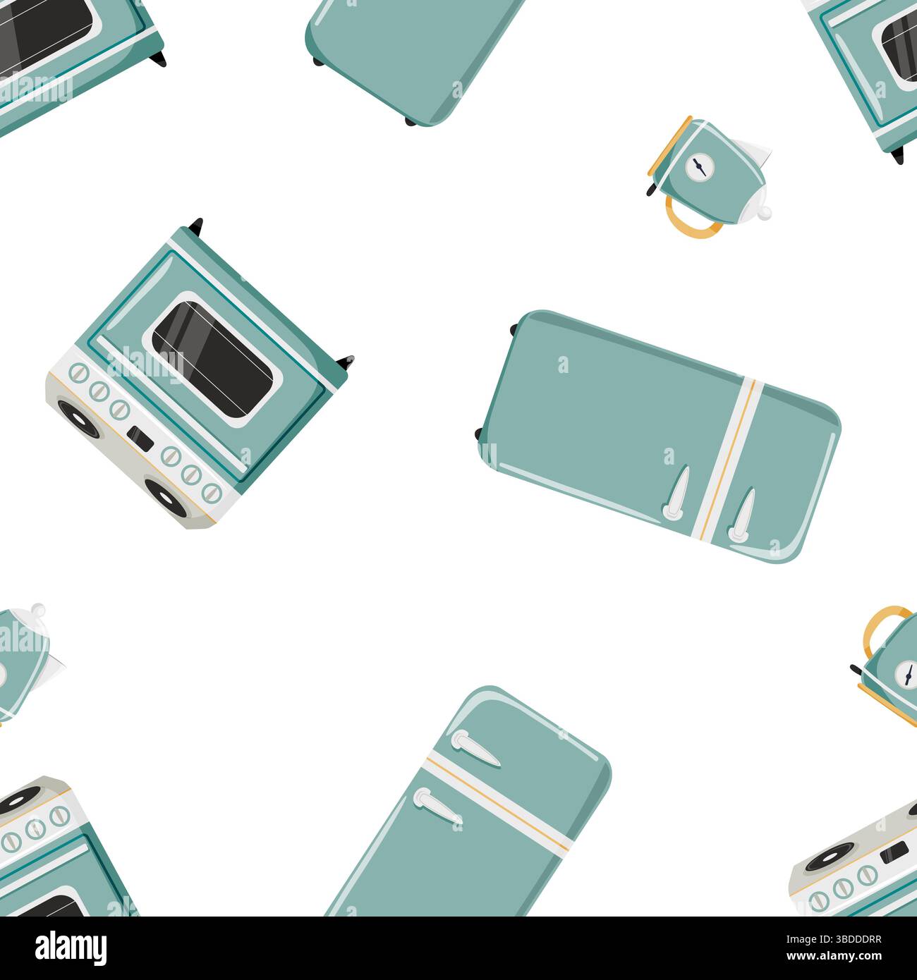 Seamless pattern with retro stove, fridge and kettle Stock Vector