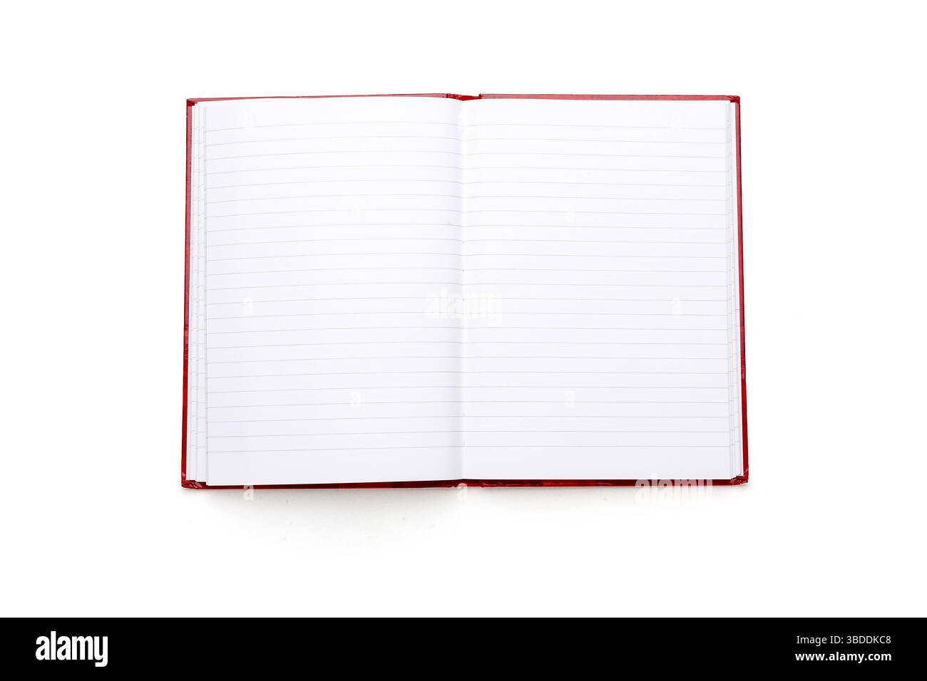 Open blank book with lines and red cover, isolated on white Stock Photo
