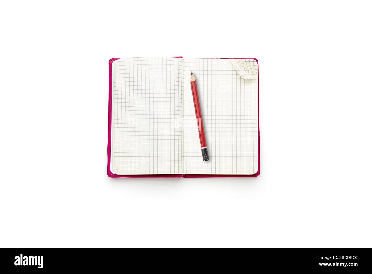 Pink blank open diary with red pencil, isolated on white Stock Photo