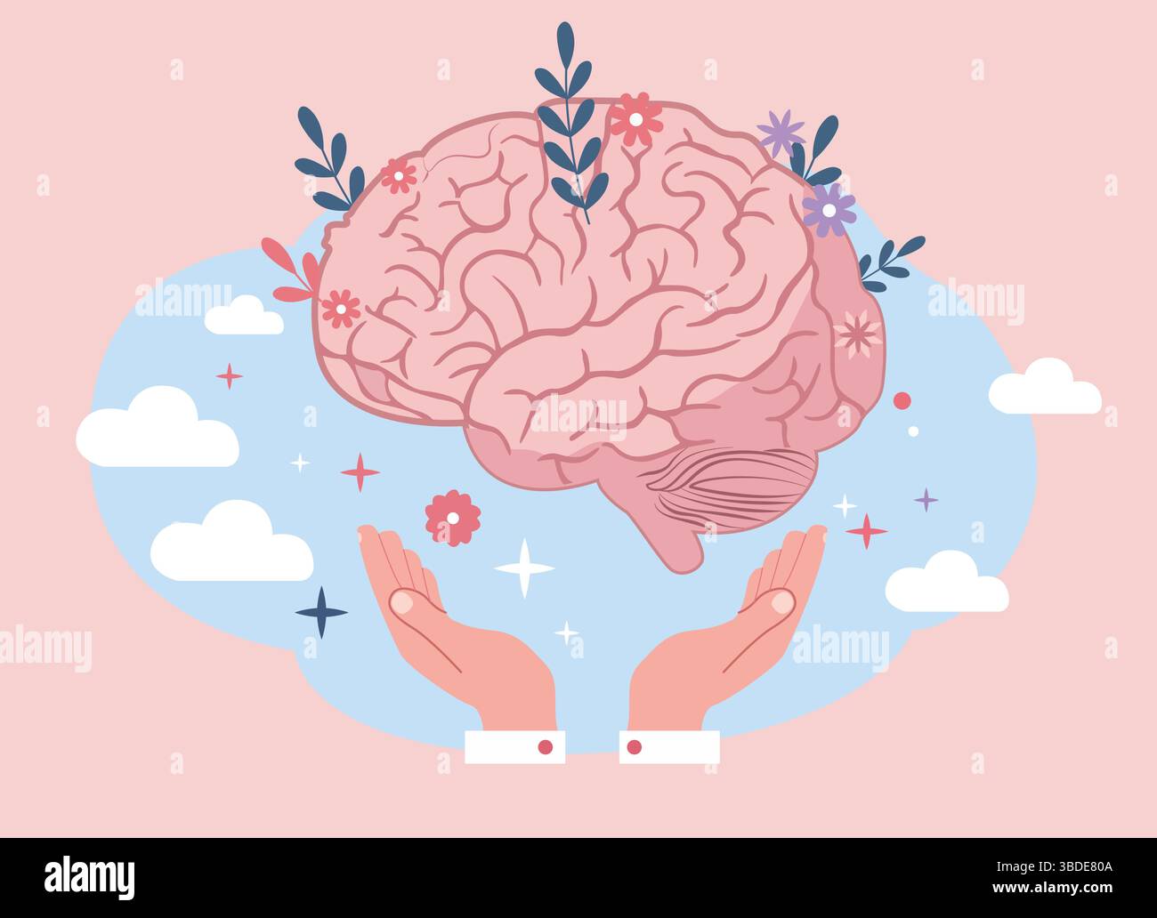 Human Brain with Hands and Floral Elements Vector Brain Health and Self Care Creative Illustration Psychology and Consciousness Vector Stock Vector