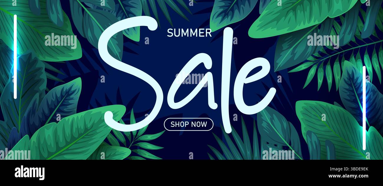 Summer big sale typography poster with tropic leaves and neon light ...