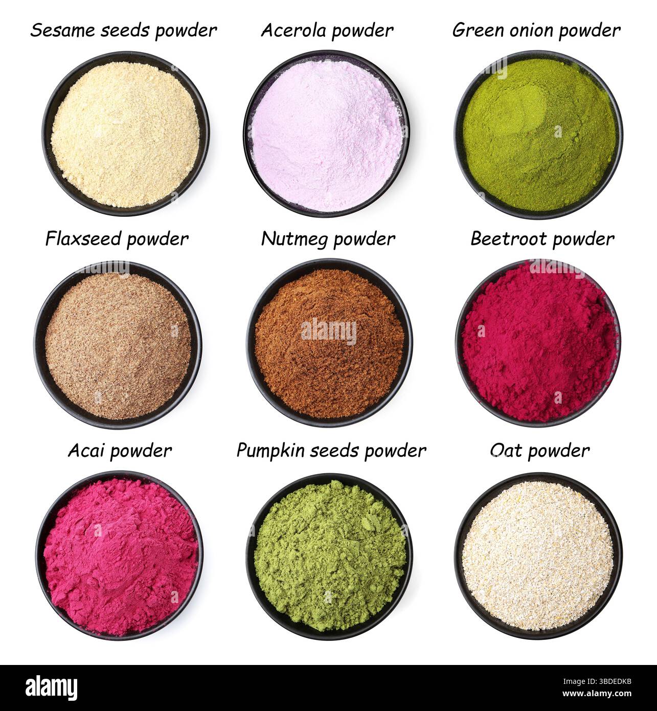 Different superfood powders in bowls and names on white background ...