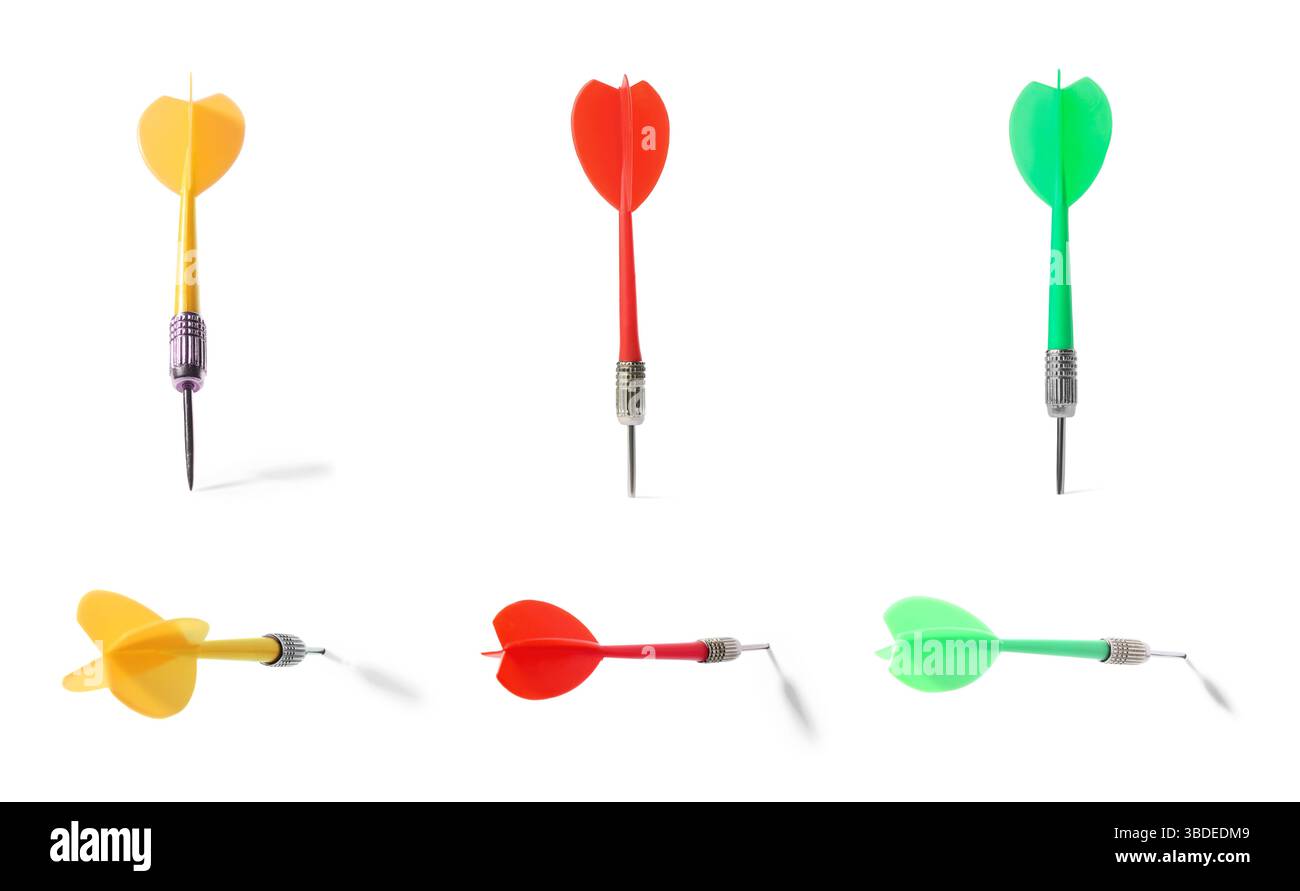 Darts in different colors on white background, set Stock Photo