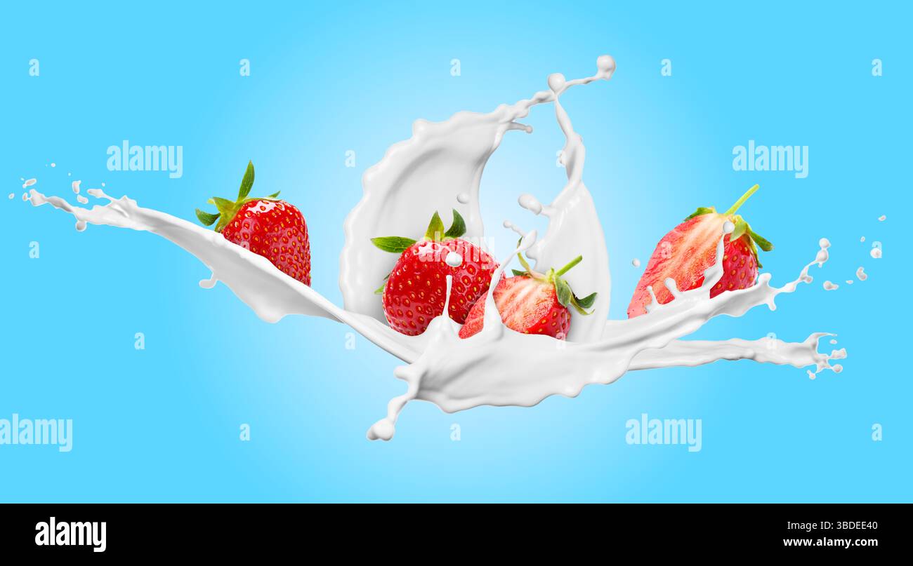Fresh juicy strawberries and splashes of cream in air on light blue ...