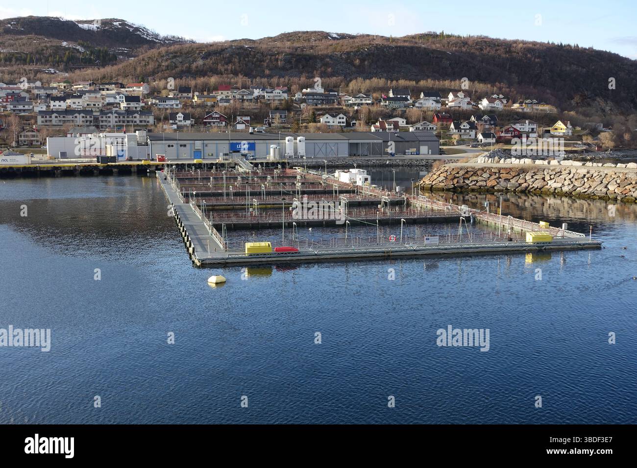 Salmon farming in Norway, in a fjord, in natural, icy waters Stock Photo