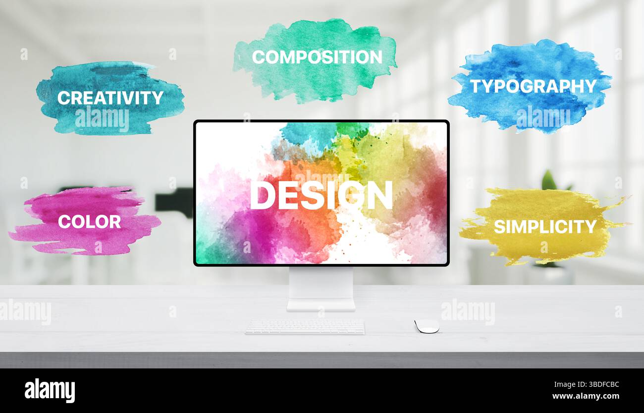 Creative mockup with 'Design' on display and artistic brushstroke words emphasizing simplicity, creativity, and visual harmony Stock Photo